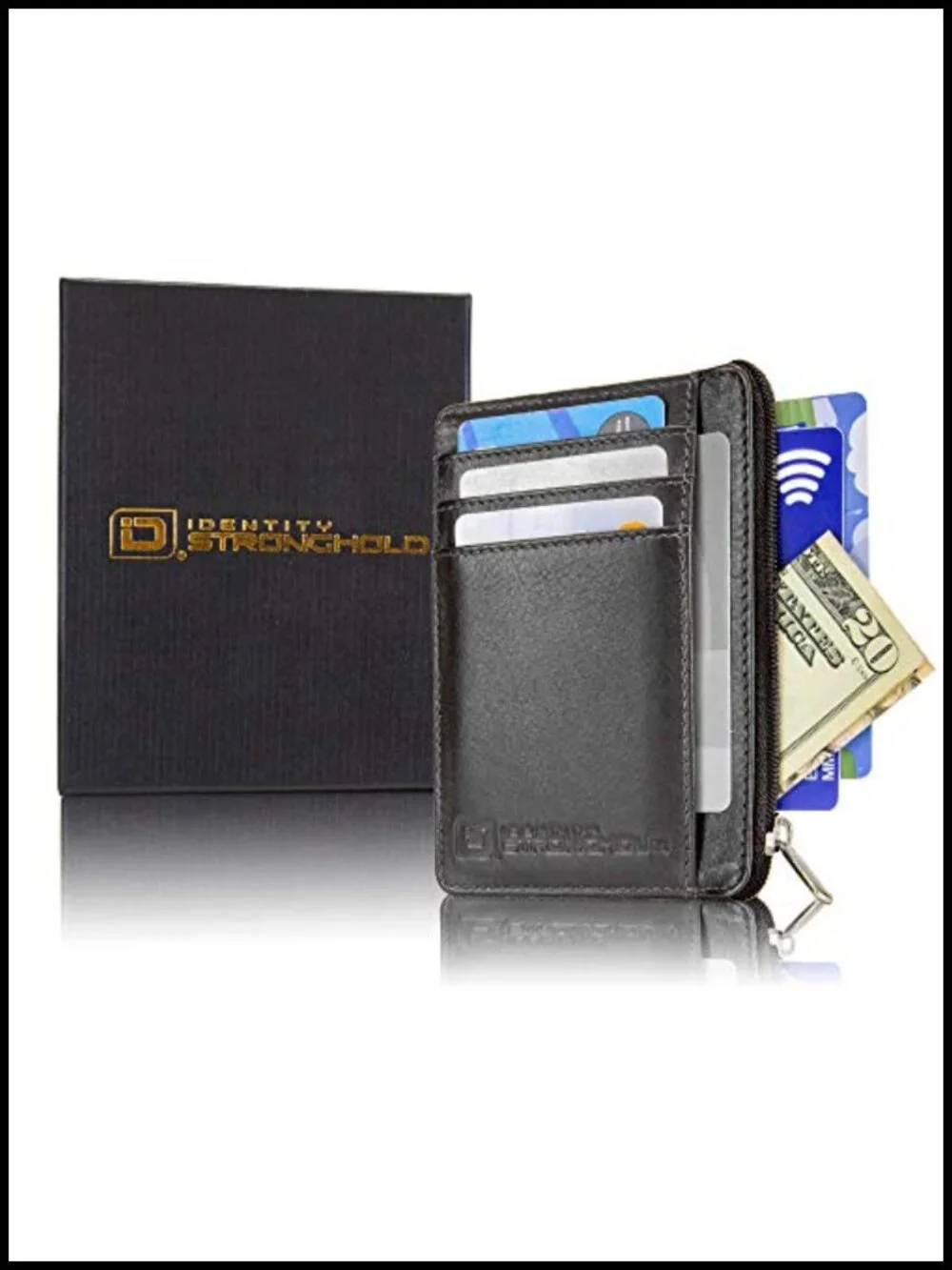 Genuine Leather RFID Front Pocket Wallet Minimalist Slim with Zipper